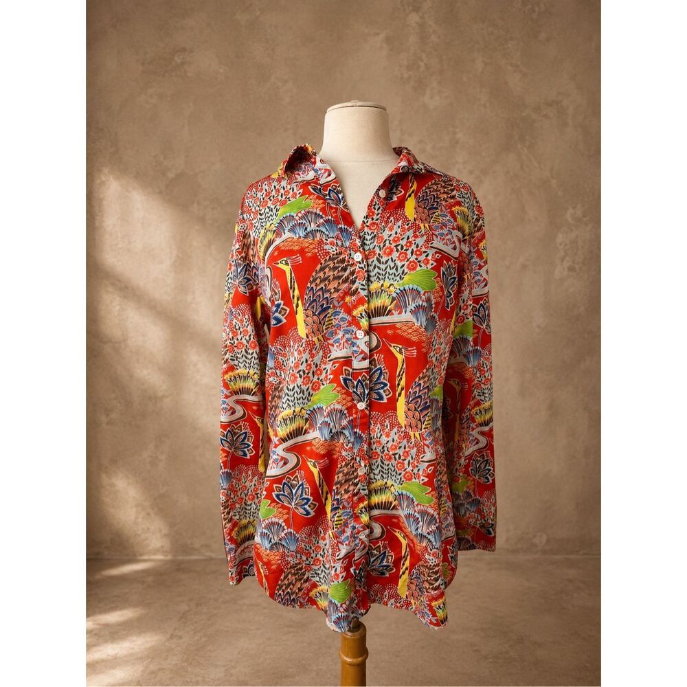 J. McLaughlin Sz M Lois Shirt Peacock Patterned Button Up